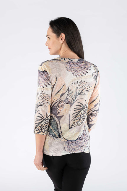 LEAVES PRINT  BUTTON PLACKET TOP WITH ROUND NECK