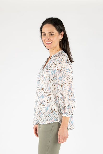 TROPICAL TOP  Buttoned Cuff 3/4 SLEEVE - WHITE MULTI