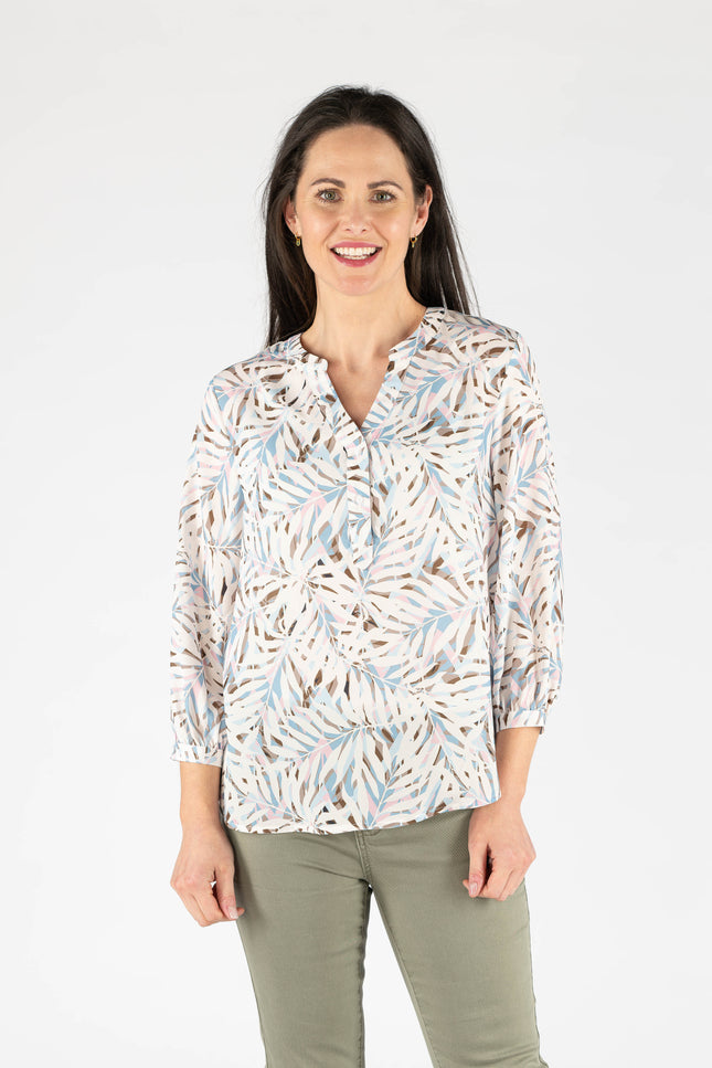TROPICAL TOP  Buttoned Cuff 3/4 SLEEVE - WHITE MULTI