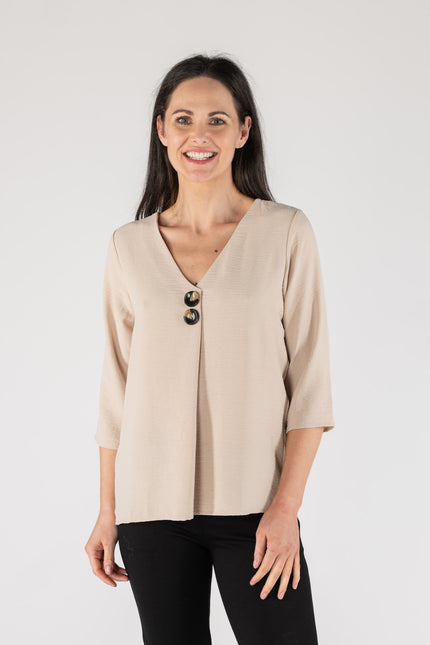 BEIGE BUTTON V-NECK TOP WITH 3/4 SLEEVE