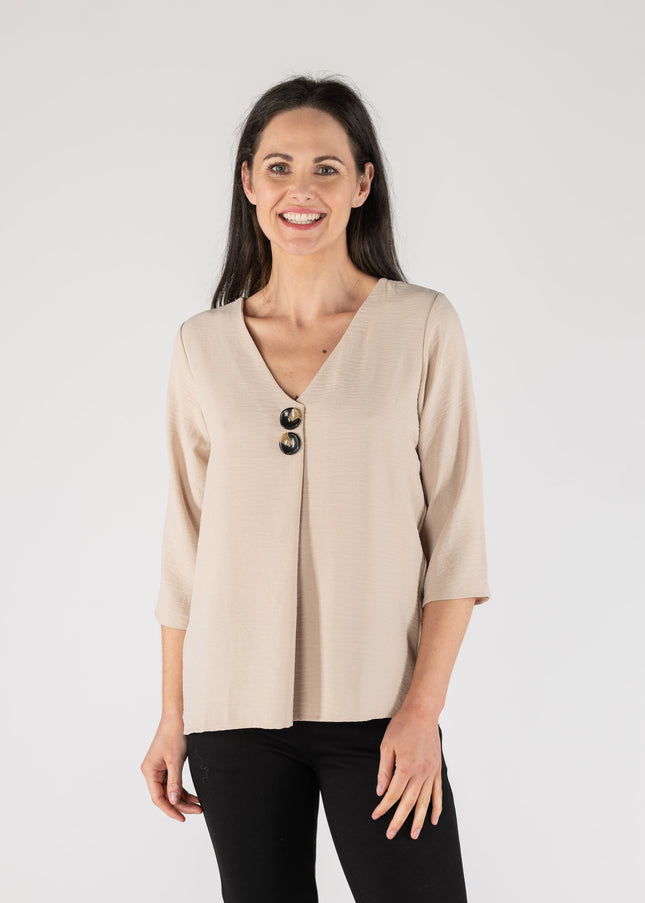 BEIGE BUTTON V-NECK TOP WITH 3/4 SLEEVE