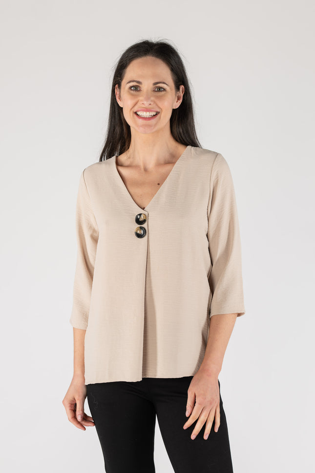 BEIGE BUTTON V-NECK TOP WITH 3/4 SLEEVE