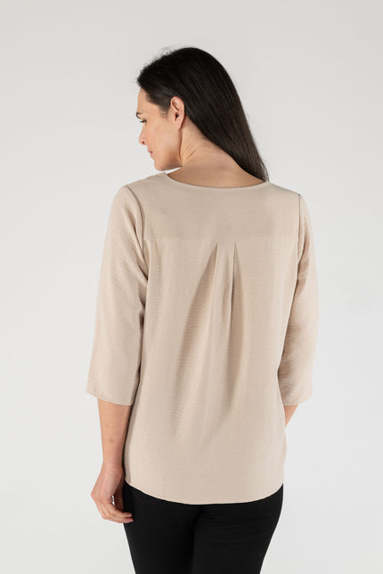 BEIGE BUTTON V-NECK TOP WITH 3/4 SLEEVE