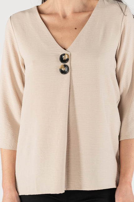 BEIGE BUTTON V-NECK TOP WITH 3/4 SLEEVE