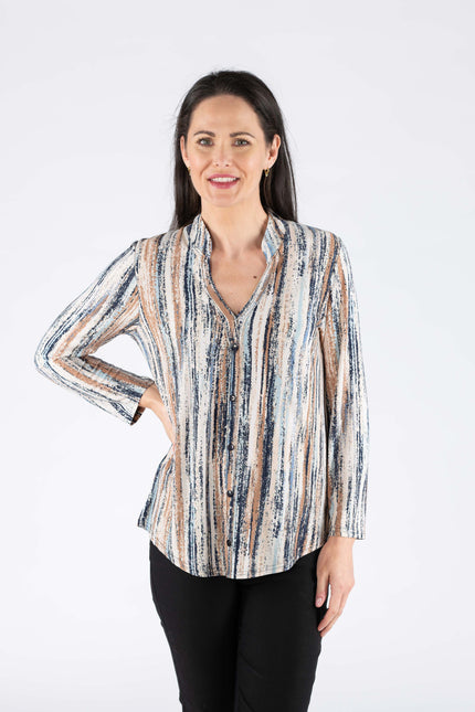 BEIGE MULTI STRIP PRINT TOP WITH BUTTON PLACKET