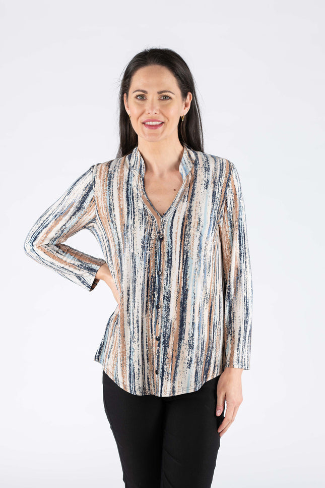 BEIGE MULTI STRIP PRINT TOP WITH BUTTON PLACKET