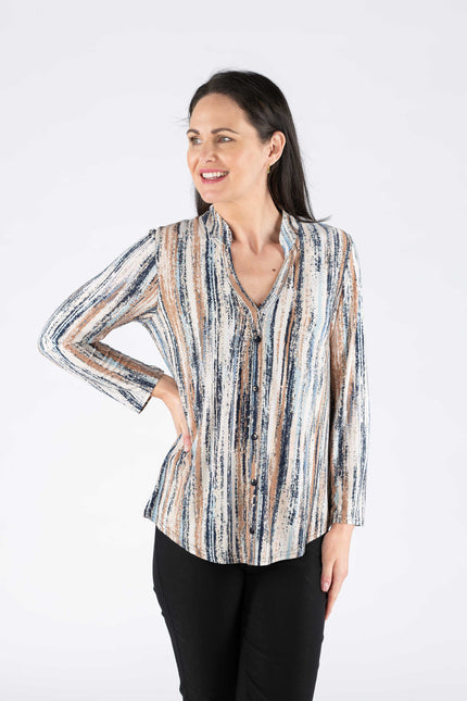 BEIGE MULTI STRIP PRINT TOP WITH BUTTON PLACKET