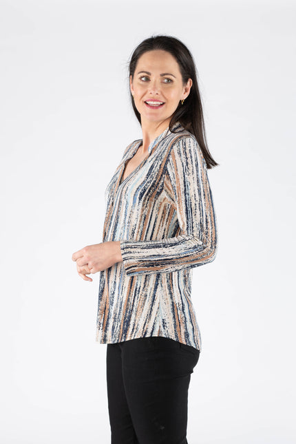 BEIGE MULTI STRIP PRINT TOP WITH BUTTON PLACKET