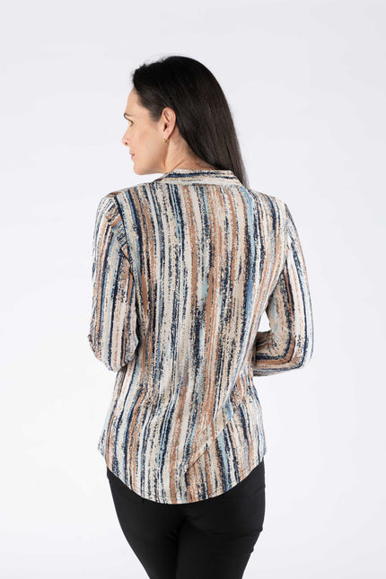 BEIGE MULTI STRIP PRINT TOP WITH BUTTON PLACKET
