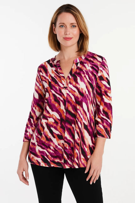 Top wavy print soft stretch 3/4 sleeve
