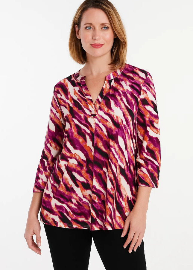 Top wavy print soft stretch 3/4 sleeve