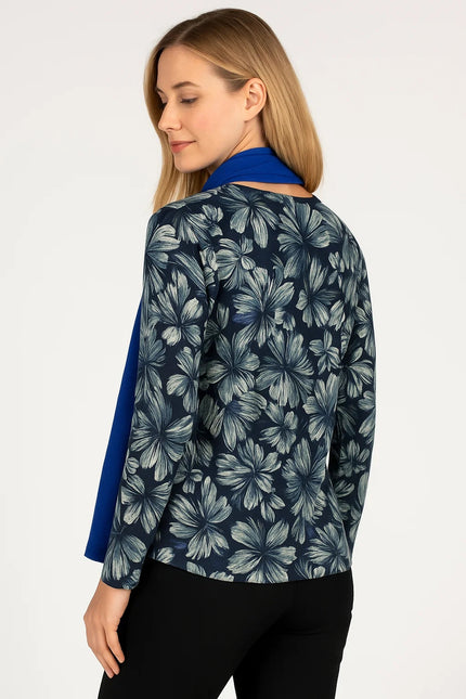 Flower Print Long Sleeve Top With Scarf