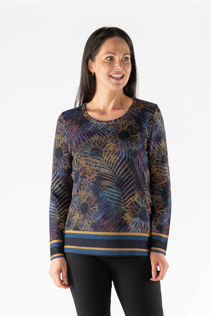 Top abstract print round neck long sleeve