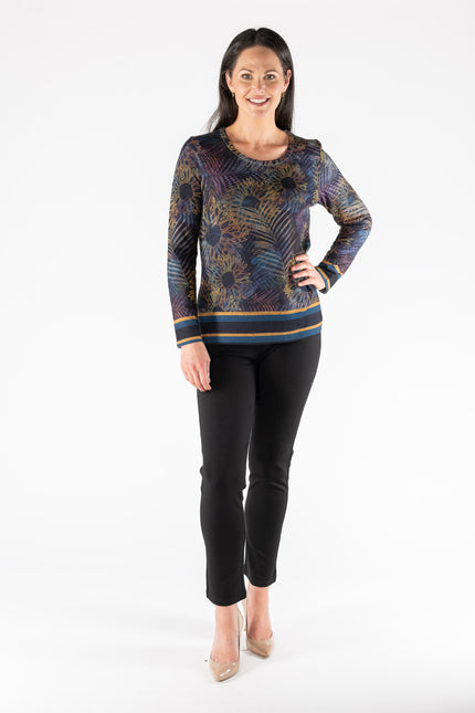 Top abstract print round neck long sleeve