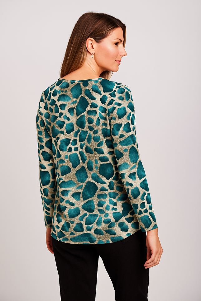 Top teal animal print round neck 3/4 sleeve