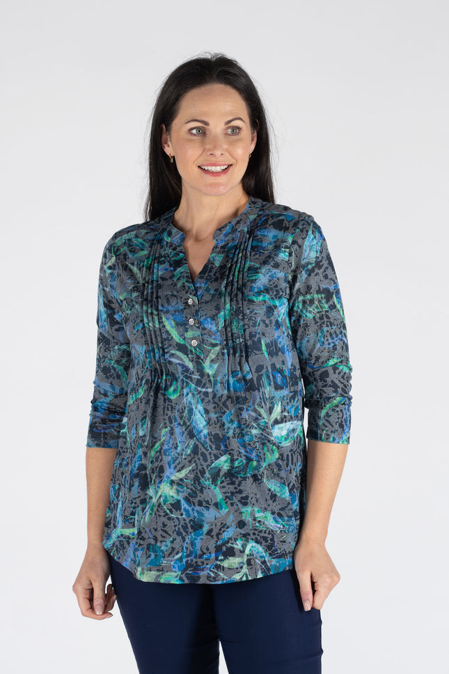 SWIRL LEAF PRINT BURNOUT TOP BUTTON PLEA