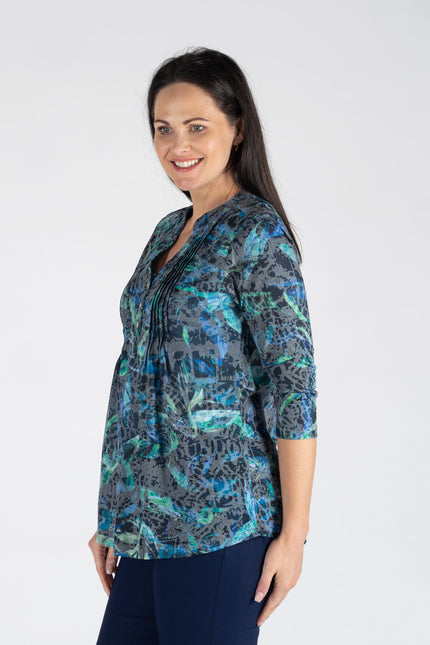 SWIRL LEAF PRINT BURNOUT TOP BUTTON PLEA