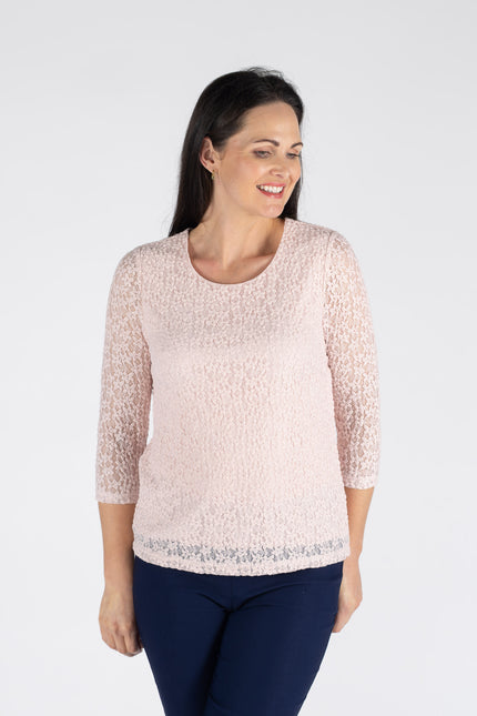 PINK ROUND NECK LACE TOP 3/4 SLEEVE
