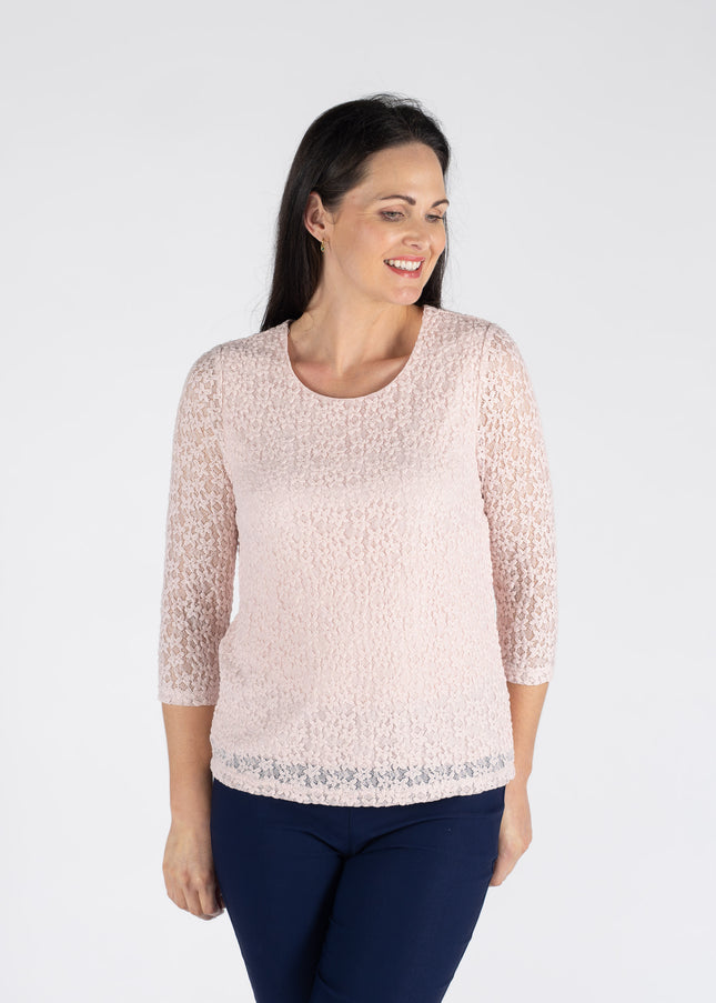 Top pink round neck lace 3/4 sleeve