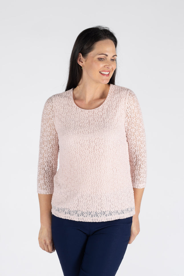 PINK ROUND NECK LACE TOP 3/4 SLEEVE