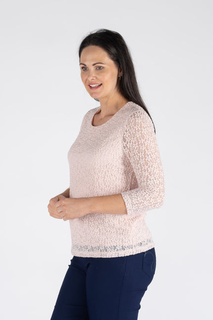PINK ROUND NECK LACE TOP 3/4 SLEEVE