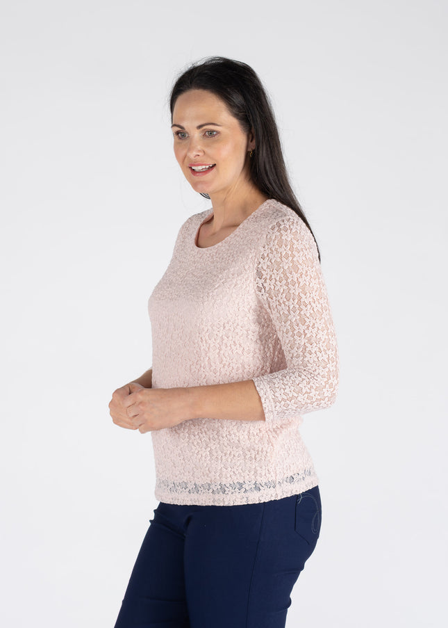 Top pink round neck lace 3/4 sleeve