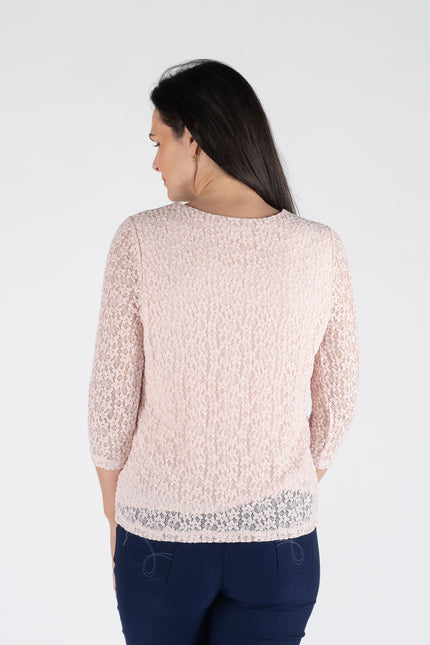 PINK ROUND NECK LACE TOP 3/4 SLEEVE