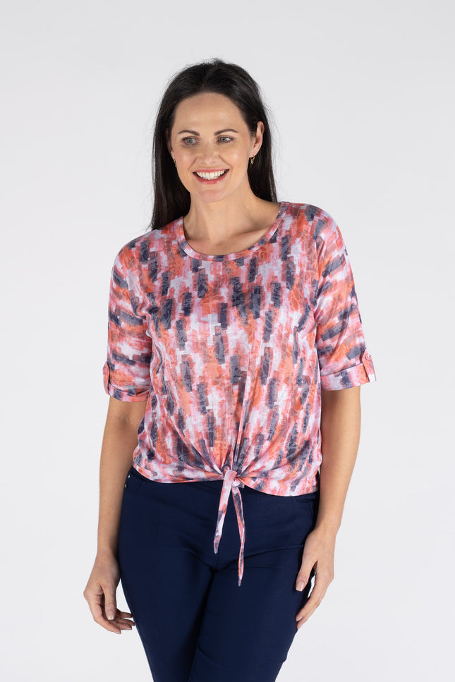CORAL BLOCK PRINT TIE FRONT TOP WITH SHORT SLEEVE