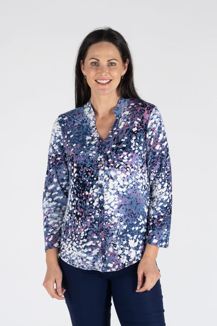 DENIM PINK COLOR TOP WITH BUTTON PLACKET 3/4 SLEEVE