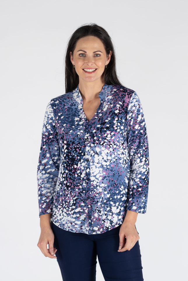 DENIM PINK COLOR TOP WITH BUTTON PLACKET 3/4 SLEEVE