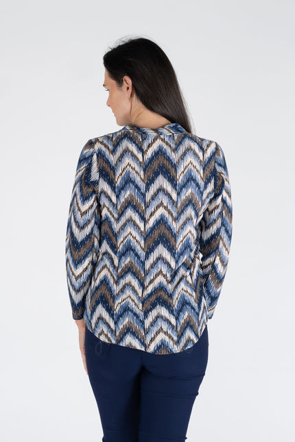 WAVY PRINT TOP BUTTON PLACKET 3/4 SLEEVE