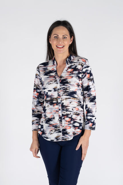 PEACH PRINT TOP WITH BUTTON PLACKET 3/4 SLEEVE