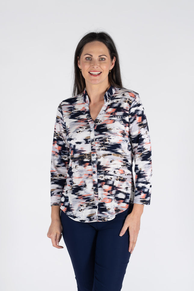 PEACH PRINT TOP WITH BUTTON PLACKET 3/4 SLEEVE