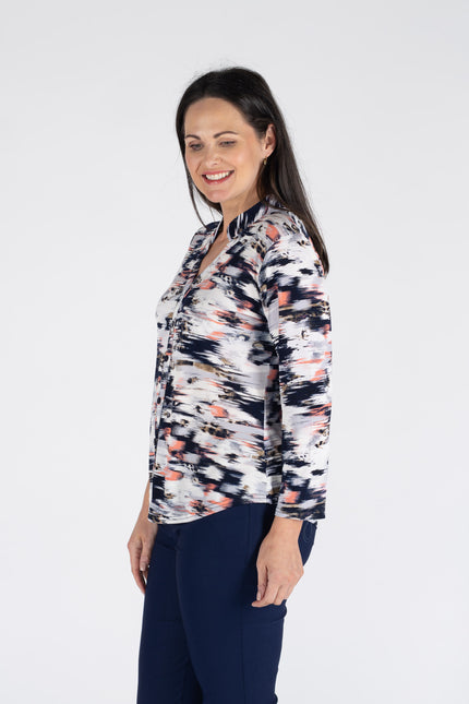 PEACH PRINT TOP WITH BUTTON PLACKET 3/4 SLEEVE