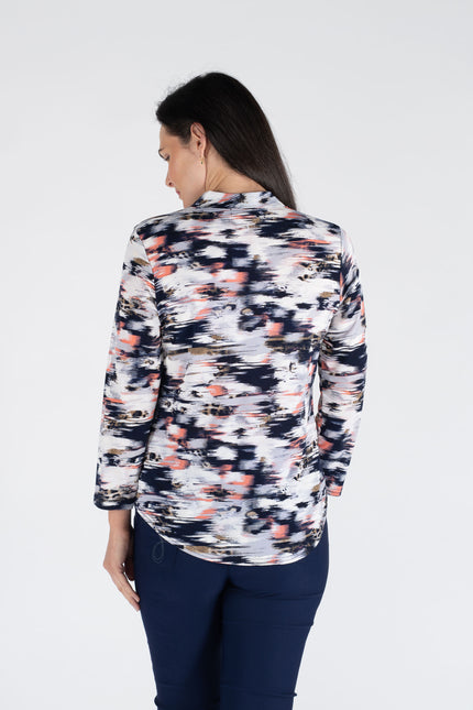 PEACH PRINT TOP WITH BUTTON PLACKET 3/4 SLEEVE