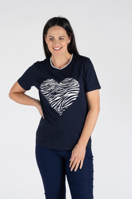 HEART PRINT TOP LUREX TRIM ROUND NECK