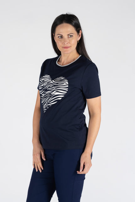 HEART PRINT TOP LUREX TRIM ROUND NECK