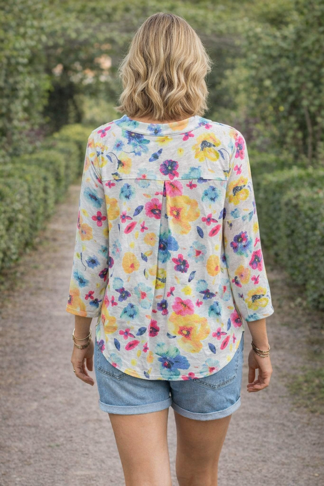 FLOWER PRINT BURN OUT TOP WITH BUTTON