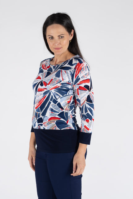 SWIRLY BLOCK PRINT TOP CONTRAST PANEL 3/4 SLEEVE