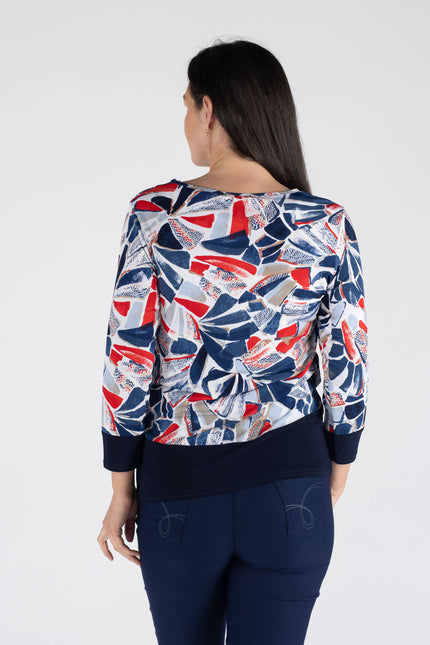 SWIRLY BLOCK PRINT TOP CONTRAST PANEL 3/4 SLEEVE