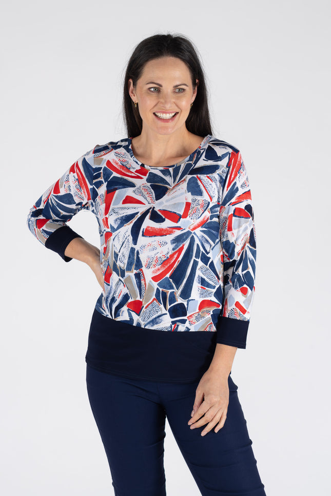 SWIRLY BLOCK PRINT TOP CONTRAST PANEL 3/4 SLEEVE