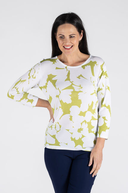 GREEN PRINT Flower Print Top 3/4 Sleeve Without Stone