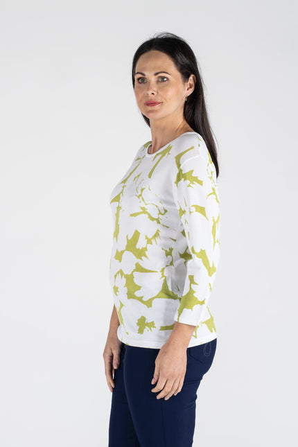 GREEN PRINT Flower Print Top 3/4 Sleeve Without Stone