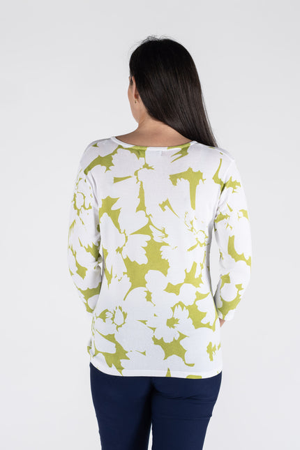 GREEN PRINT Flower Print Top 3/4 Sleeve Without Stone