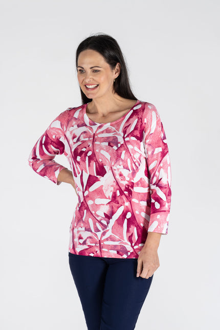 CERISE BOLD LEAF PRINT TOP & 3/4 SLEEVE ROUND NECK