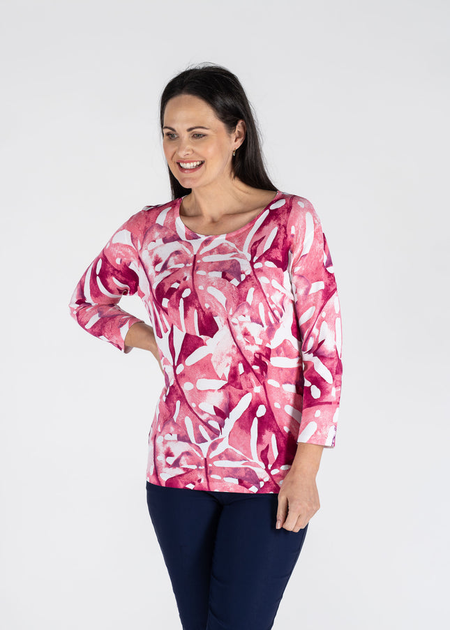 Top cerise leaf print 3/4 sleeve