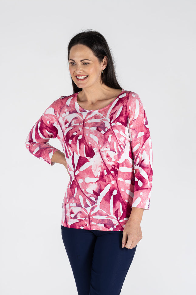 CERISE BOLD LEAF PRINT TOP & 3/4 SLEEVE ROUND NECK