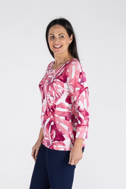 CERISE BOLD LEAF PRINT TOP & 3/4 SLEEVE ROUND NECK
