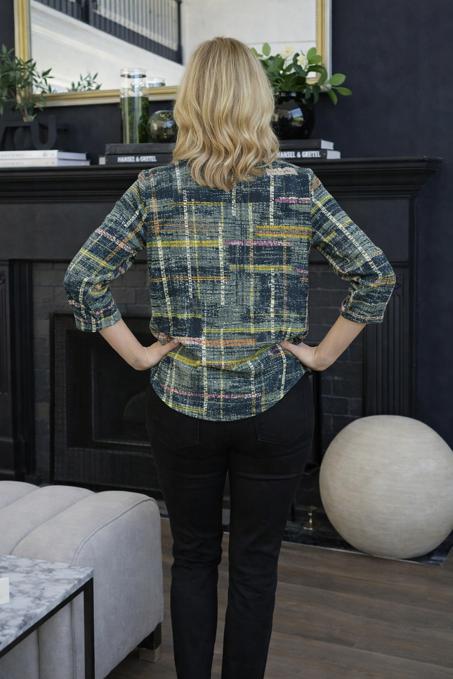 OLIVE MULTI ABSTRACT PRINT TOP WITH 3/4 SLEEVE