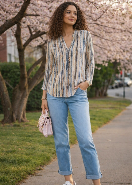 BEIGE MULTI STRIP PRINT TOP WITH BUTTON PLACKET